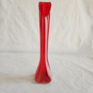 Vintage Swung Art Glass Red Vase w/ White Stripes